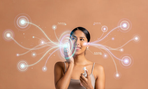 Woman applying facial serum with digital skin analysis