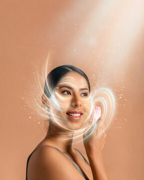 Woman cleansing face with facial brush and glowing skin effect