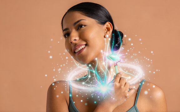 Woman using jade roller on neck with glowing skincare effect