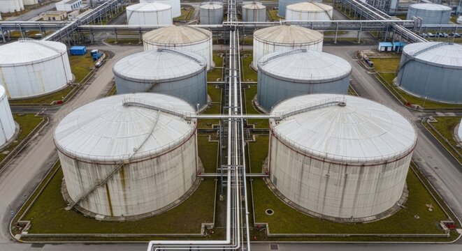 Aerial View of Large Industrial Oil Storage Tanks at a Refinery Facility.