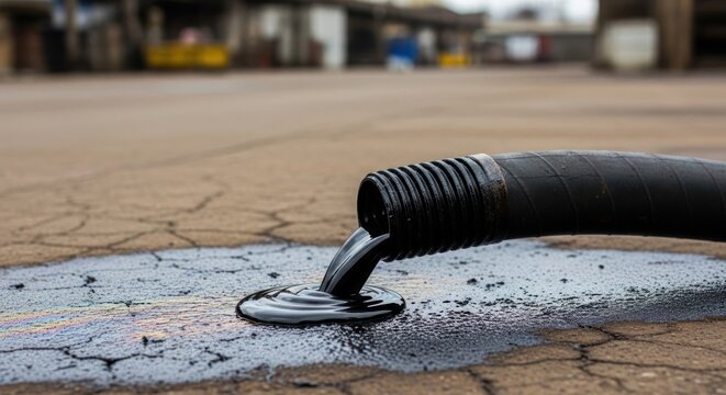 Asphalt being poured from a hose onto a cracked pavement surface.