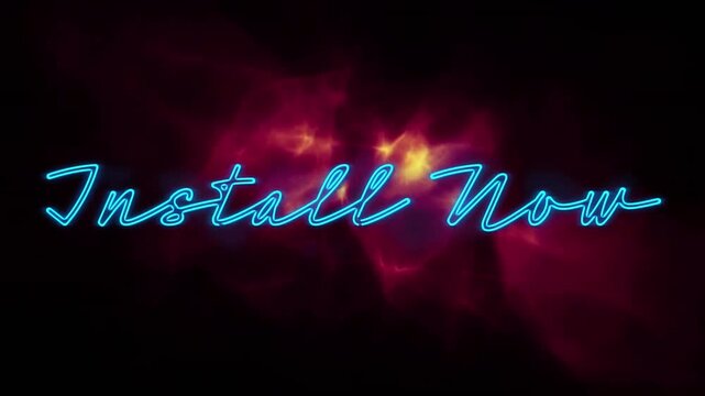 Animation of install now text over glowing flames on black background