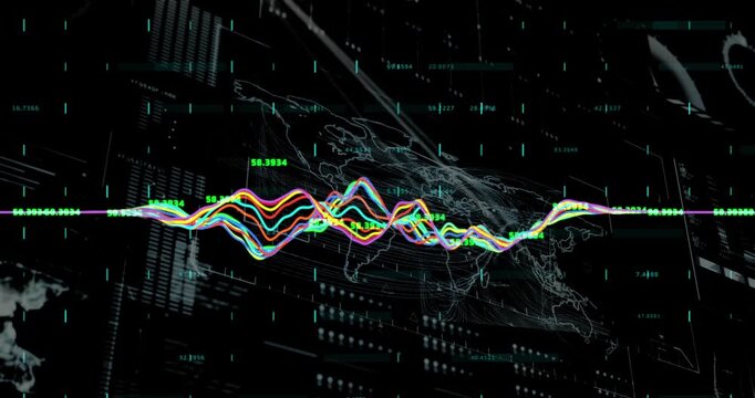 Animation of multicolored graphs, bars and abstract pattern over black background