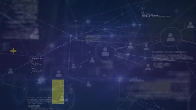 Animation of connected profile icons and dots with programming language