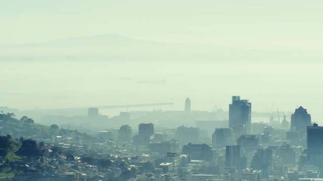 Animation of red particles floating over aerial view of cityscape
