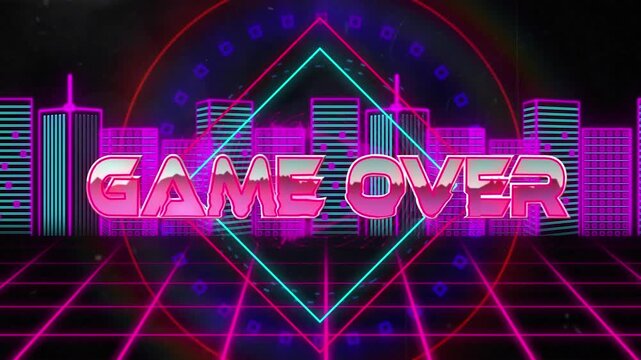 Animation of game over text banner over round scanner against neon 3d city model on black background