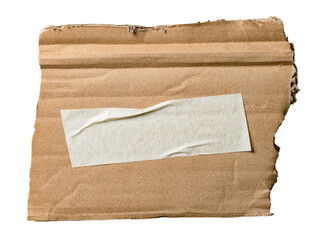 Brown corrugated cardboard torn ripped and crumpled with blank adhesive sticky tape and copy space for text, transparent png background design element
