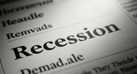 Obraz premium Closeup of the word Recession printed in a newspaper headline.