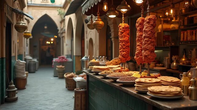 Middle Eastern bazaar food stall with shawarma spit