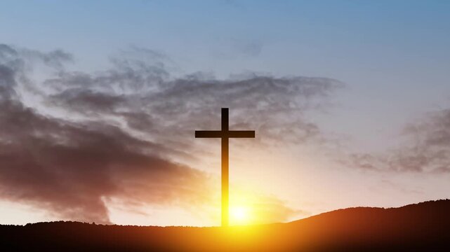 Christian cross on hill outdoors at sunrise. Resurrection of Jesus. Spiritual hope and resurrection concept, Good Friday, Easter.