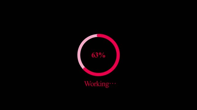 Working process animation with percentage numbers inside round progress bar on black background, motion graphics clip