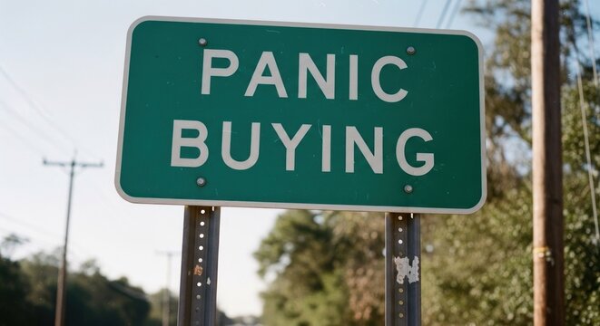 Green Road Sign Warning About Panic Buying 1.