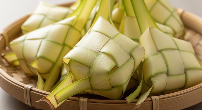 Ketupat Rice Cakes in a Woven Basket Traditional Southeast Asian Food.