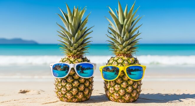 Two pineapples wearing sunglasses on a sunny beach with ocean view