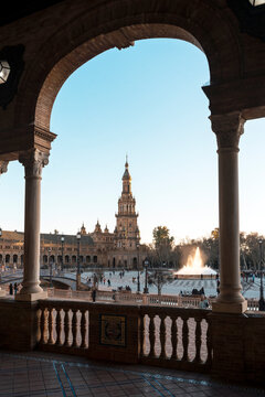 View of the Andalusian tower inside the Plaza de Espana in Seville, Spain.