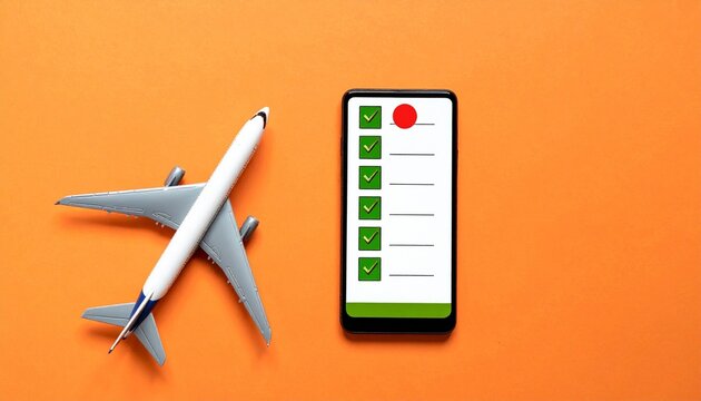Top View of Toy Airplane and Smartphone with Travel Checklist on Orange Background