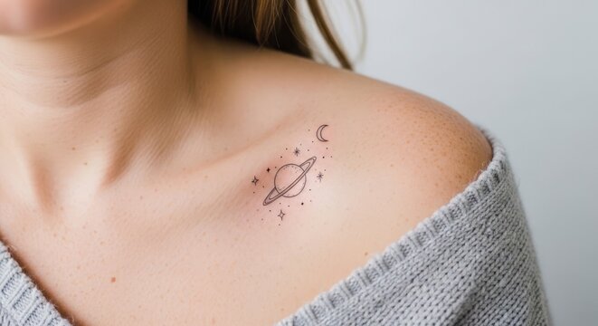 Minimalist Saturn Tattoo Design on Womans Collarbone.