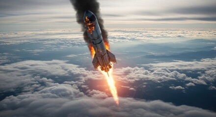 Fototapeta premium Rocket Launching into Space Through Clouds with Fiery Exhaust.