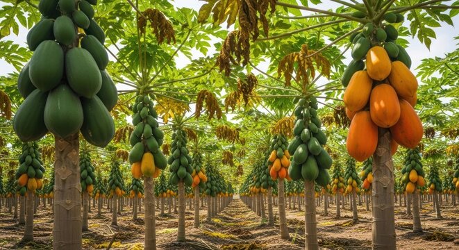Rows of Papaya Trees Laden with Ripe and Unripe Fruit in a Tropical Orchard.