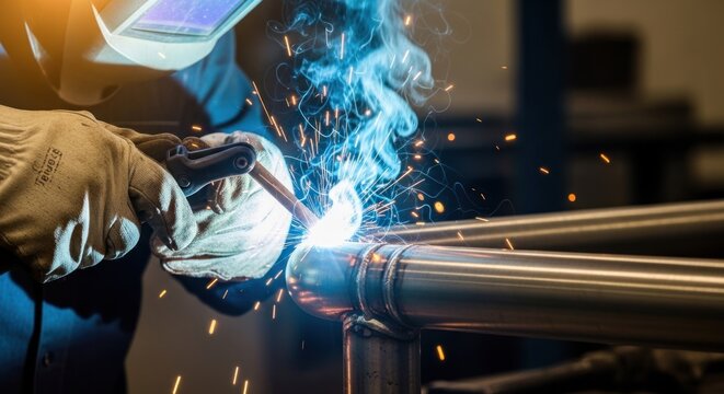 Skilled Welder in Protective Gear Performing Arc Welding on Metal Pipes.