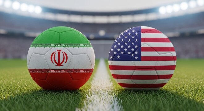 Soccer balls with Iran and USA flags on a stadium field.