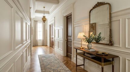 Spacious modern hallway interior with white paneled walls and polished hardwood floor. Ornate gold mirror above slim console table with brass lamp and eucalyptus vase. Elegant contemporary home