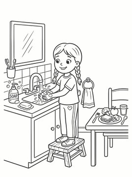 Coloring page girl washing her hands at the sink with vector