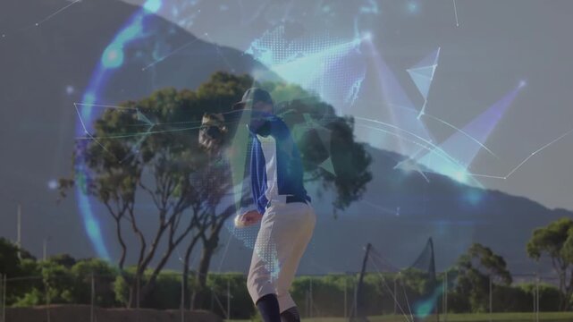 Baseball player catching fly ball on infield, digital polygons forming rotating orb for analytics