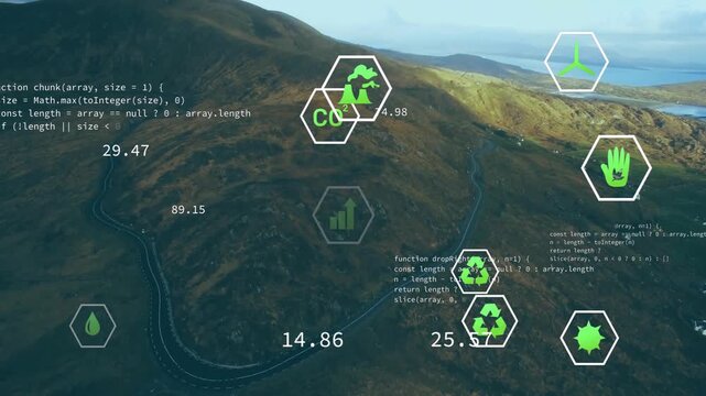 Code appearing over hills starting icons updating values and visualizing climate finance metrics