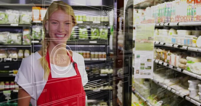 Camera panning, clerk shifting and smiling, raising thumbs-up with digital overlay in retail tech