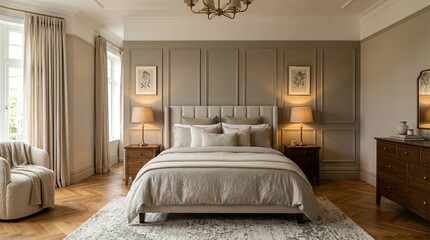 Contemporary bedroom interior with upholstered bed and wooden nightstands. Modern home design featuring neutral tones, elegant chandelier, framed artwork on paneled walls, beige curtains, dresser,