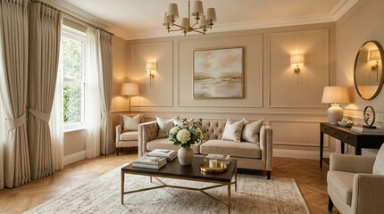 Modern living room interior with beige sofa and neutral decor. Elegant contemporary design featuring curtains, lamps, abstract painting, and vase of flowers. Stylish home furnishing concept for