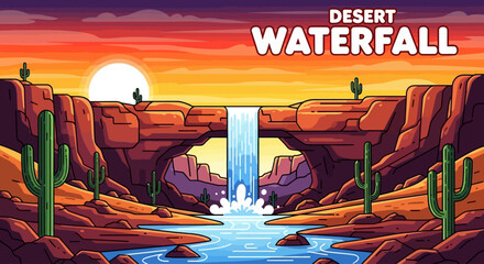 Vibrant cartoon of a desert canyon at sunset. Majestic waterfall flows into a tranquil river, framed by towering red rock formations and iconic cacti © john