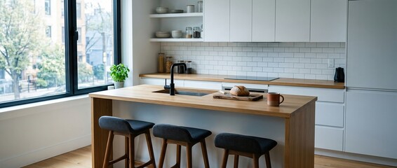Modern kitchen island with white cabinets and wooden stools. Contemporary interior design featuring large windows and urban city view. Minimalist home decor concept with clean lines and natural light.