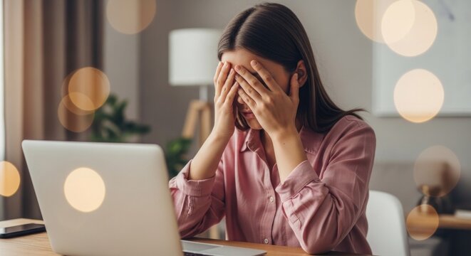 Young Woman Experiencing Stress and Overwhelm While Working on Laptop.