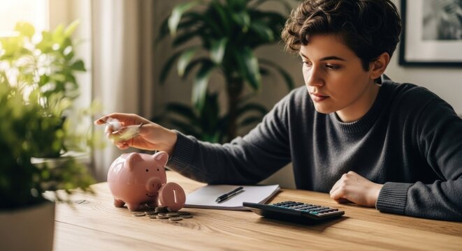 Young person saving money in a piggy bank at home.