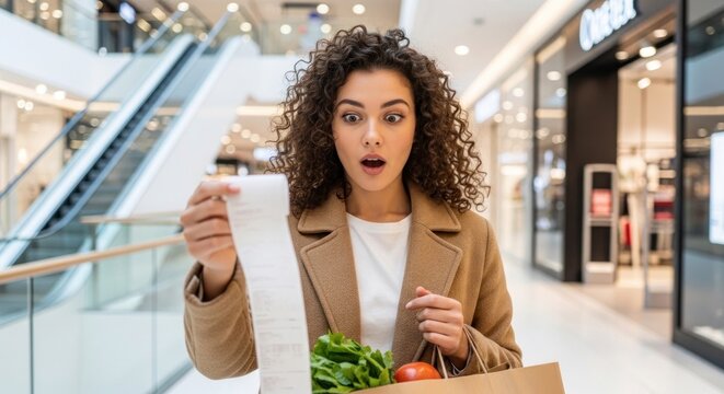 Young Woman Shocked by Grocery Receipt Total While Shopping in Mall.