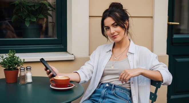 Young Woman Sitting at Outdoor Cafe Table with Coffee and Phone.