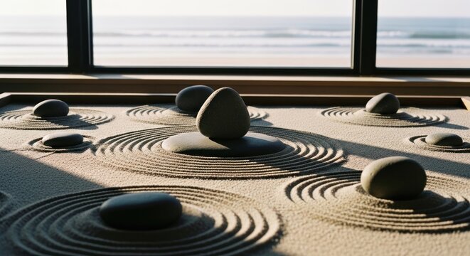 Zen Garden with Smooth Stones and Raked Sand Patterns by the Ocean.