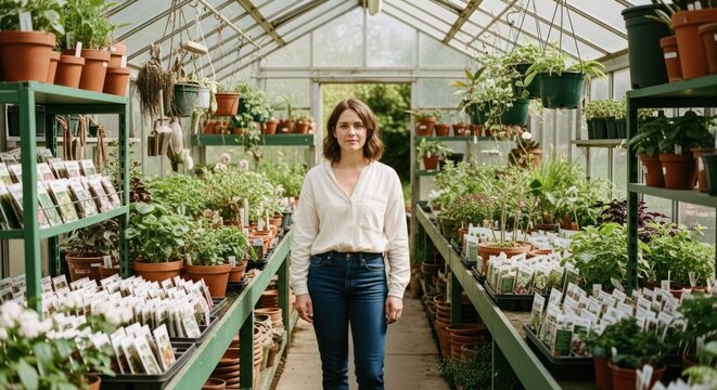 Young Woman Standing in a Lush Greenhouse Surrounded by Plants.