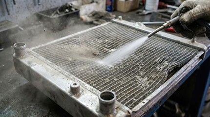 Mechanic cleaning rusty car radiator with high pressure water spray in auto workshop. Vehicle maintenance and repair process. Engine cooling system restoration for automotive industry concept.