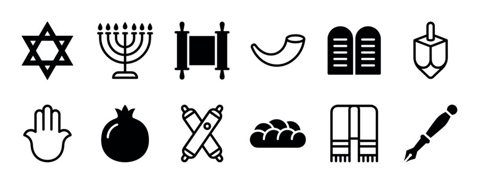 Collection of black Jewish religious symbols and icons including the Star of David, Menorah, Torah, and Shofar, presented in a minimalist glyph style for cultural concepts