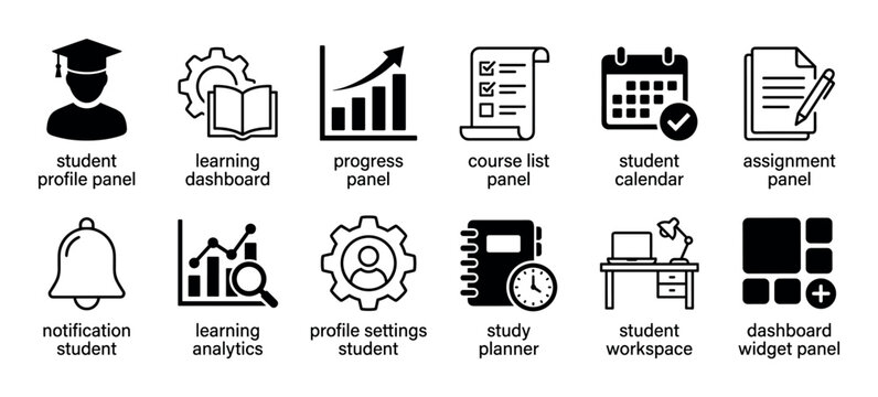 Black vector icon set for e-learning applications, featuring student profile, learning dashboard, progress chart, course list, calendar, and study planner pictograms