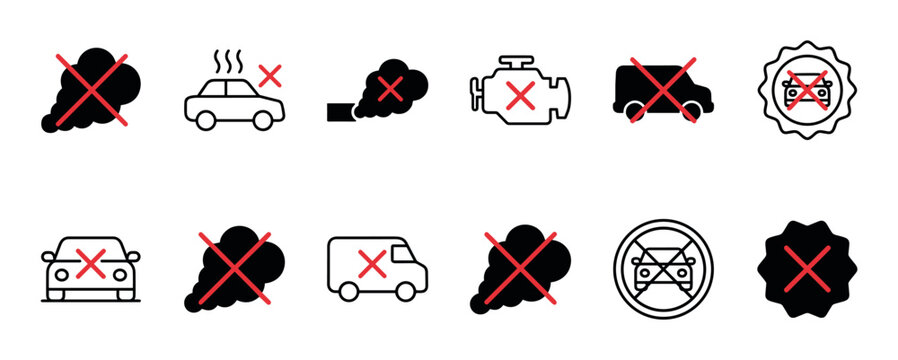 Set of no idling icons shows car emission prohibition signs with crossed-out engines, exhaust fumes, and vehicles to promote turning off the engine for better air quality