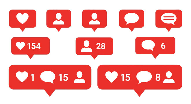 Social media notification icons with hearts, user profiles, and speech bubbles, indicating likes, followers, and comments on posts