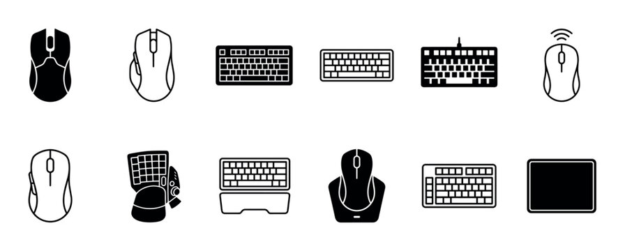 Collection of computer keyboard and mouse icons in a minimalist black and white glyph style showing various peripheral designs for gaming and office work