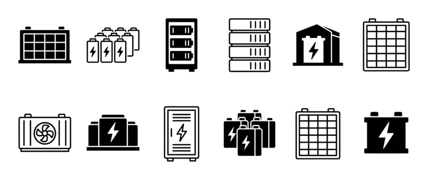 Set of black and white battery icons representing various energy storage systems and power solutions in a clean, minimalist glyph style for technology and industry concepts