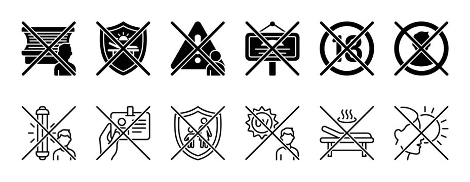 Set of black prohibition glyph icons showing contraindications for cosmetology procedures like solarium, UV exposure, and laser treatment, presented in a simple linear vector style