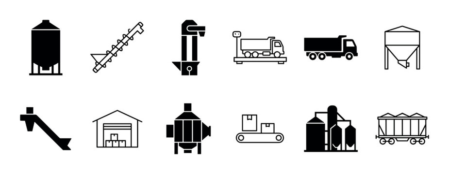 Set of agricultural industry icons in black glyph and line styles, illustrating grain storage, transportation, and processing with silos, trucks, and conveyors