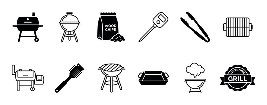 Barbecue and grilling equipment icon set featuring a smoker, charcoal grill, tongs, thermometer, and wood chips in a minimalist black glyph and line art style for outdoor cooking concepts